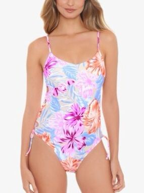 Salt + Cove Hot Hibiscus Lace-Up Tropical One-Piece Swimsuit floral pink tie M